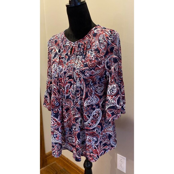 Roz & Ali Blouse Size Large Navy Red Paisley + Stretch Bell Sleeves Casual Top - Picture 3 of 11